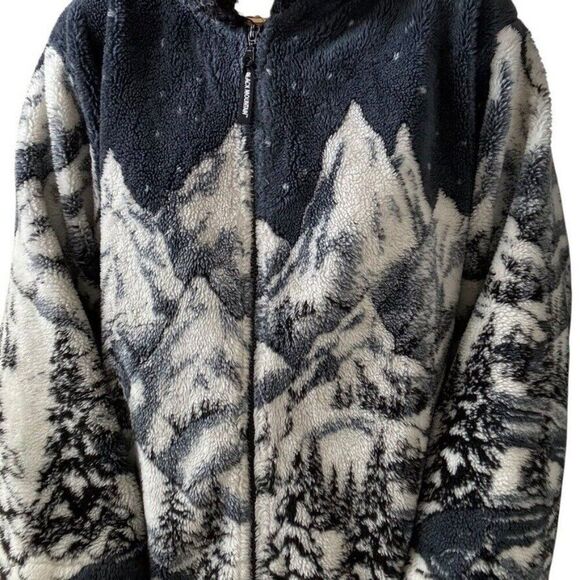 Vintage Black Mountain Winter Cabin Christmad Scene Ski Deep Pile Fleece Jacket - Picture 5 of 7